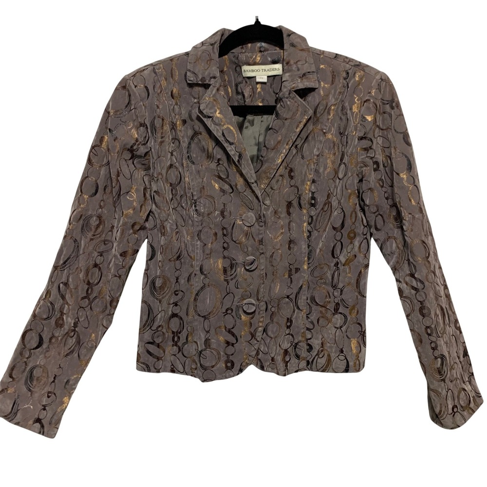 Bamboo Traders Blazer Jacket Geometric Chain‎ Print Metallic Silver Gold PS